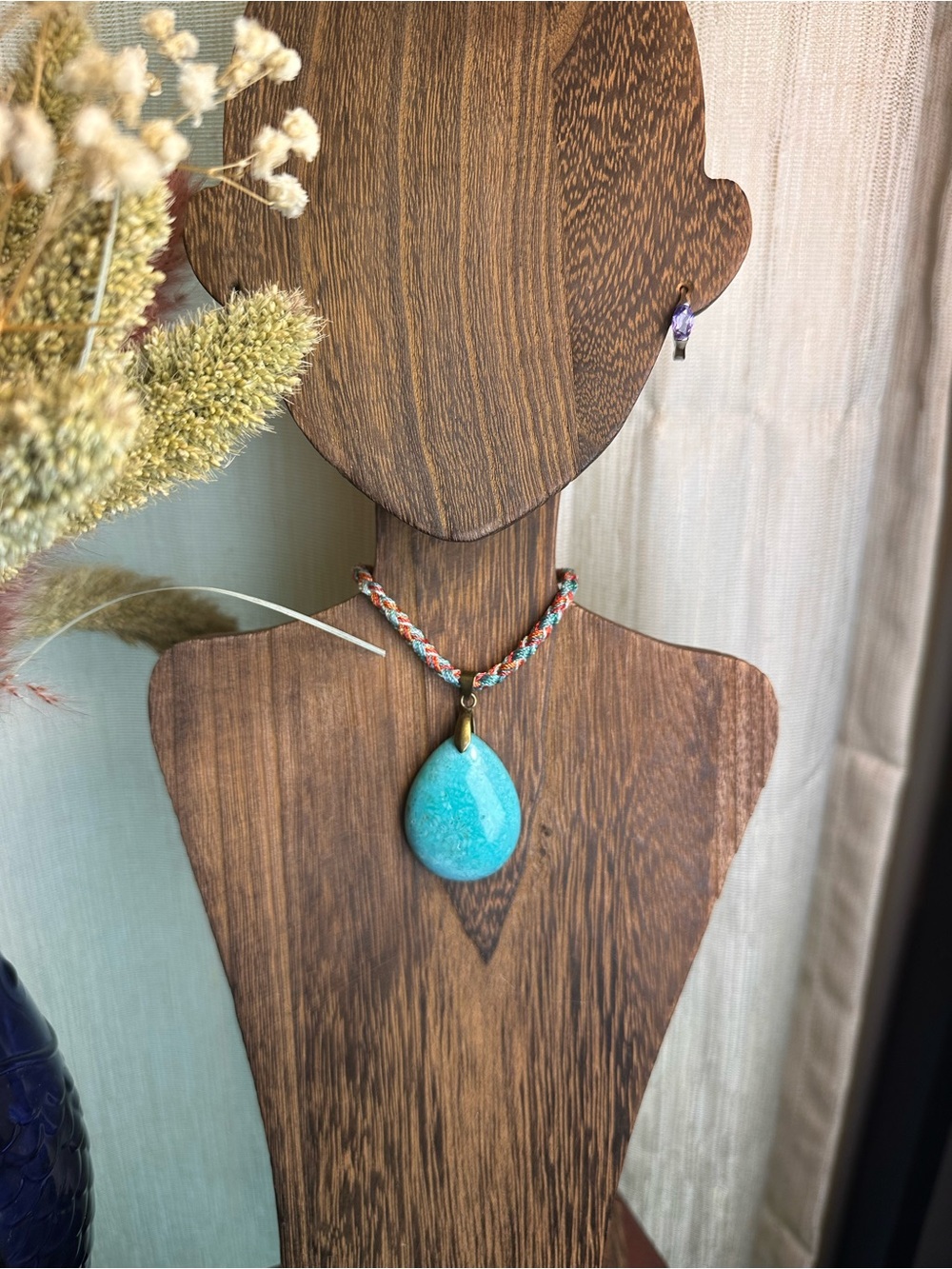 Handcrafted Green Coral Fossil Teardrop Pendant Necklace on Multicolor Rope - Picture 13 of 15